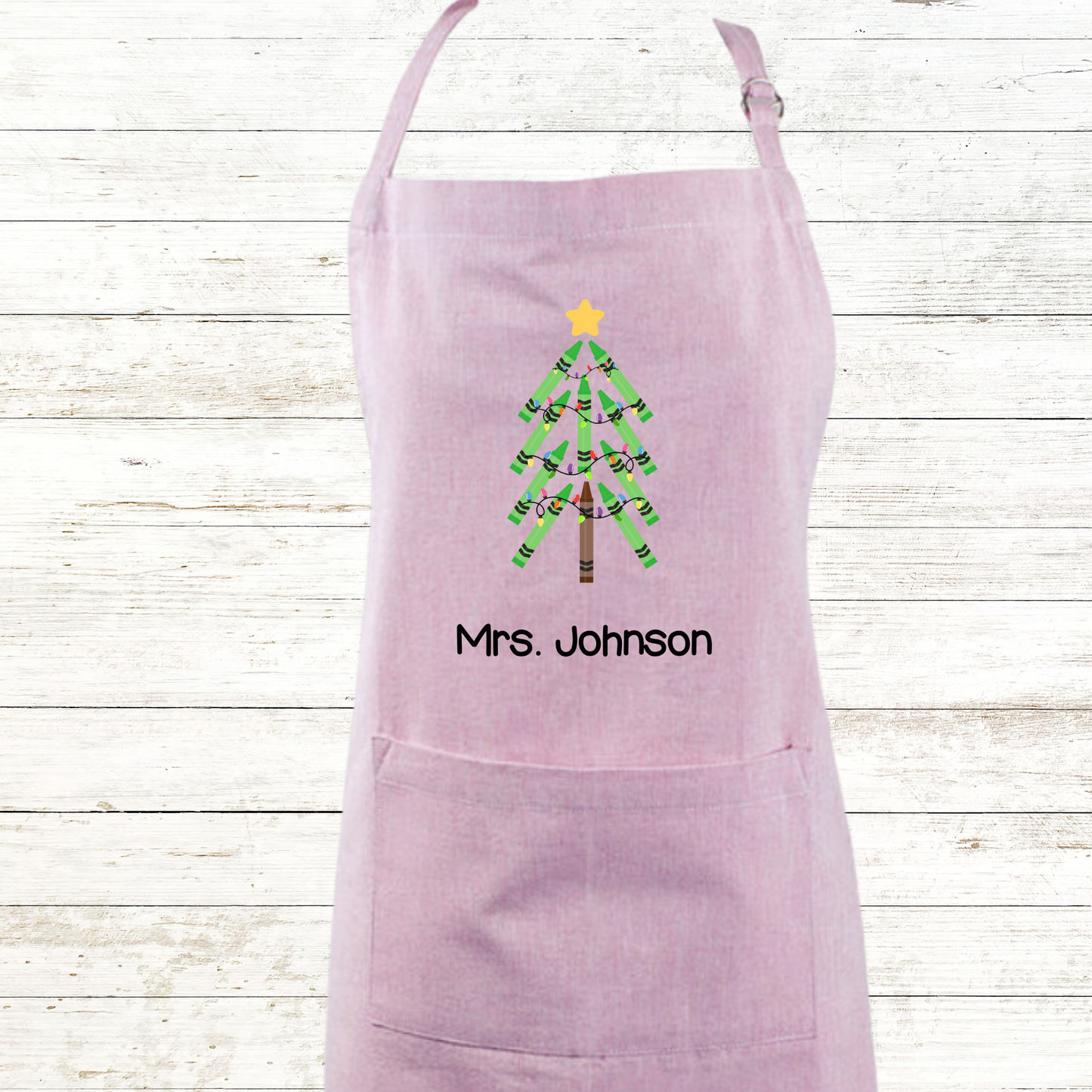 Green Crayon Christmas Tree Teacher Apron Chambray Colors with Front Pocket - Personalized