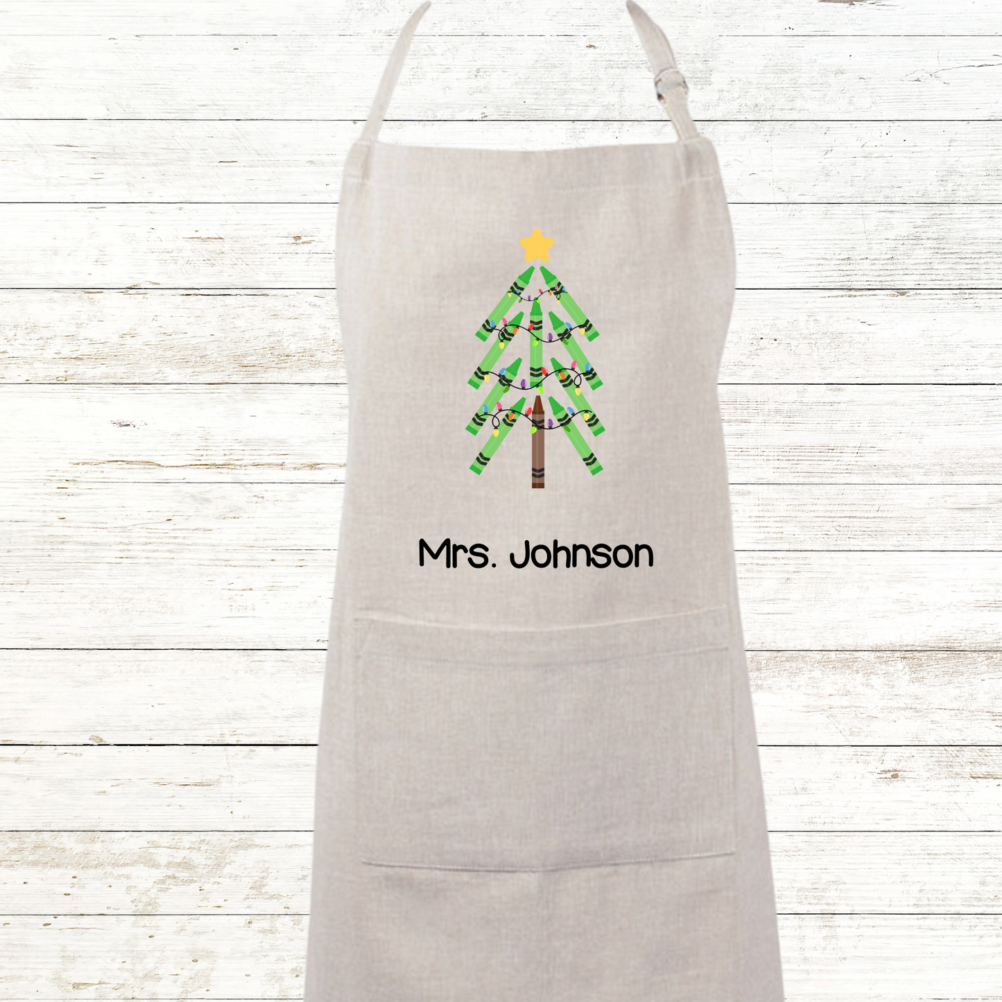 Green Crayon Christmas Tree Teacher Apron Chambray Colors with Front Pocket - Personalized