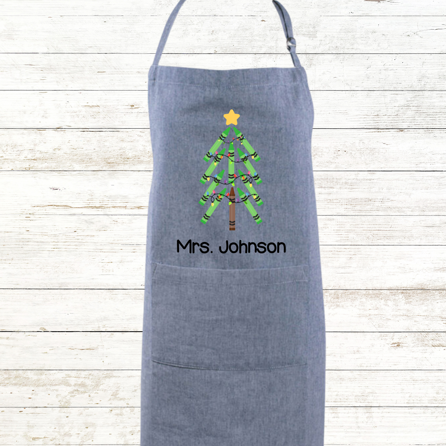 Green Crayon Christmas Tree Teacher Apron Chambray Colors with Front Pocket - Personalized