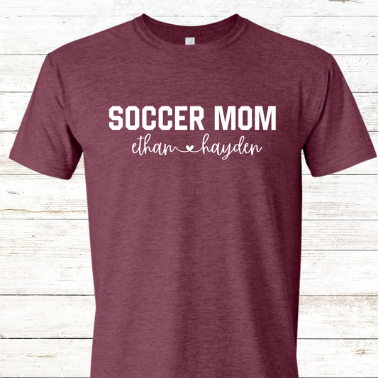 Personalized Soccer Mom tee with player names: Adult Crewneck with Back Personalization Option