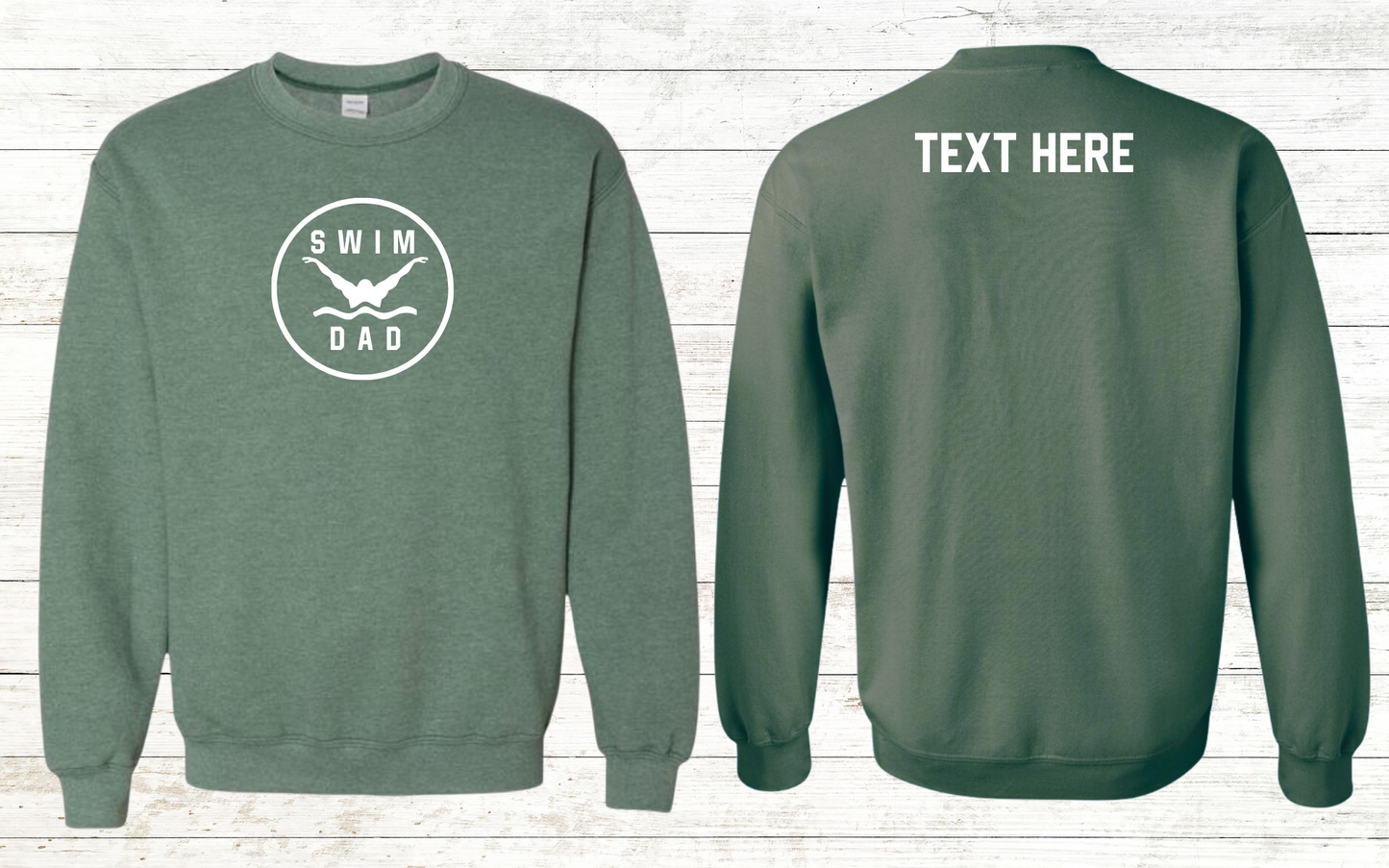 Swim Dad - Butterfly Stroke - White Text - Adult Sweatshirt - Personalized on back