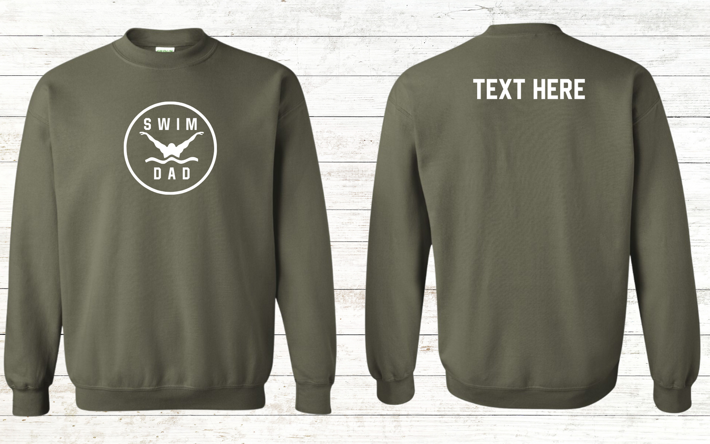 Swim Dad - Butterfly Stroke - White Text - Adult Sweatshirt - Personalized on back