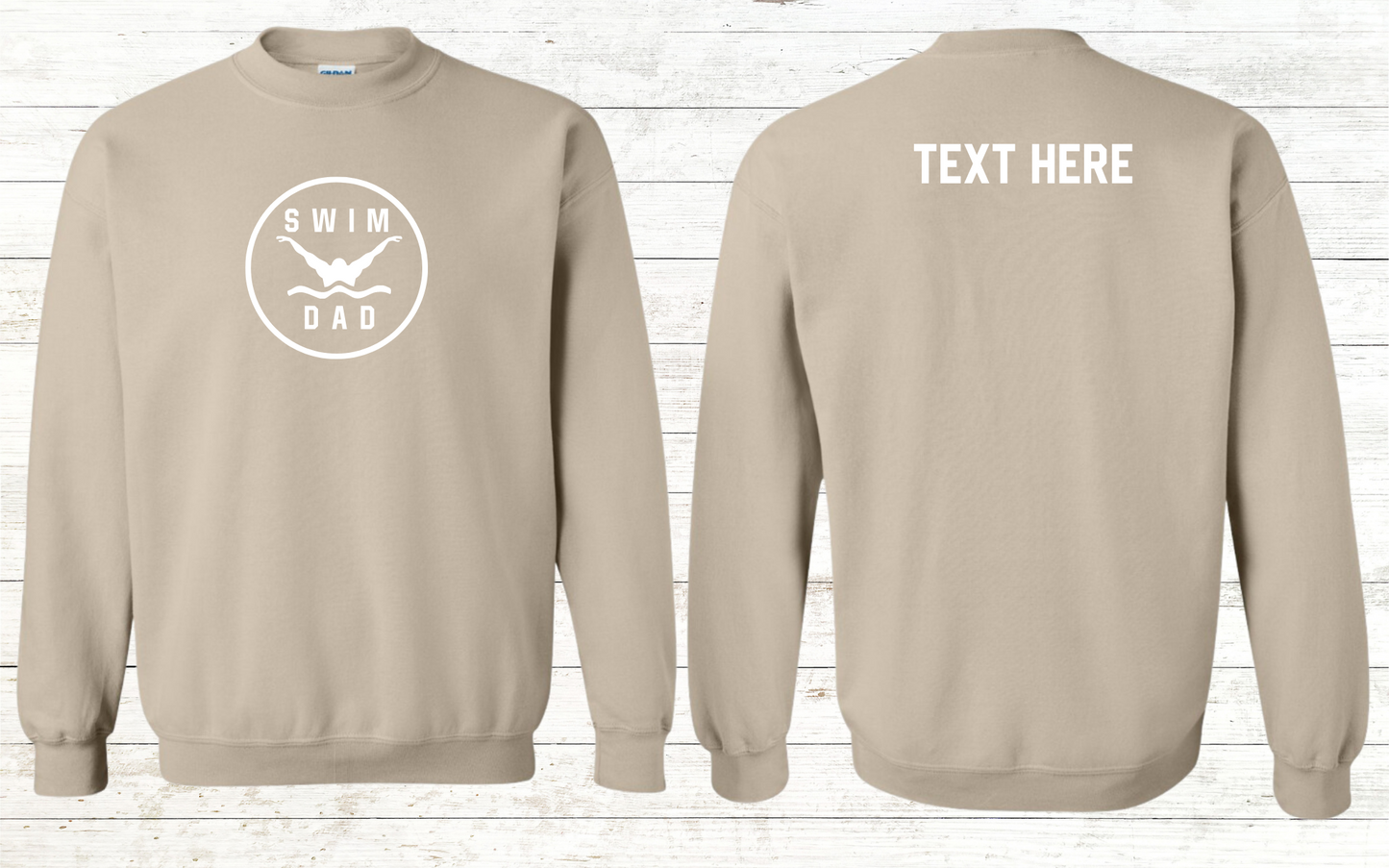 Swim Dad - Butterfly Stroke - White Text - Adult Sweatshirt - Personalized on back