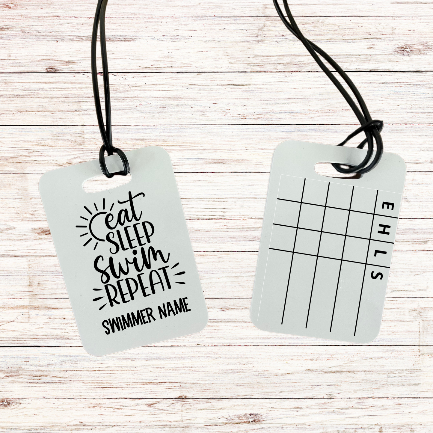 Reusable swim meet heat tag: Eat. Sleep. Swim. Repeat.