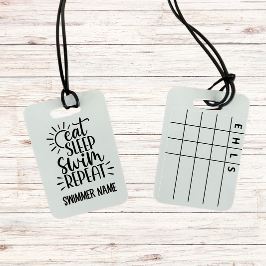 Reusable swim meet heat tag: Eat. Sleep. Swim. Repeat.