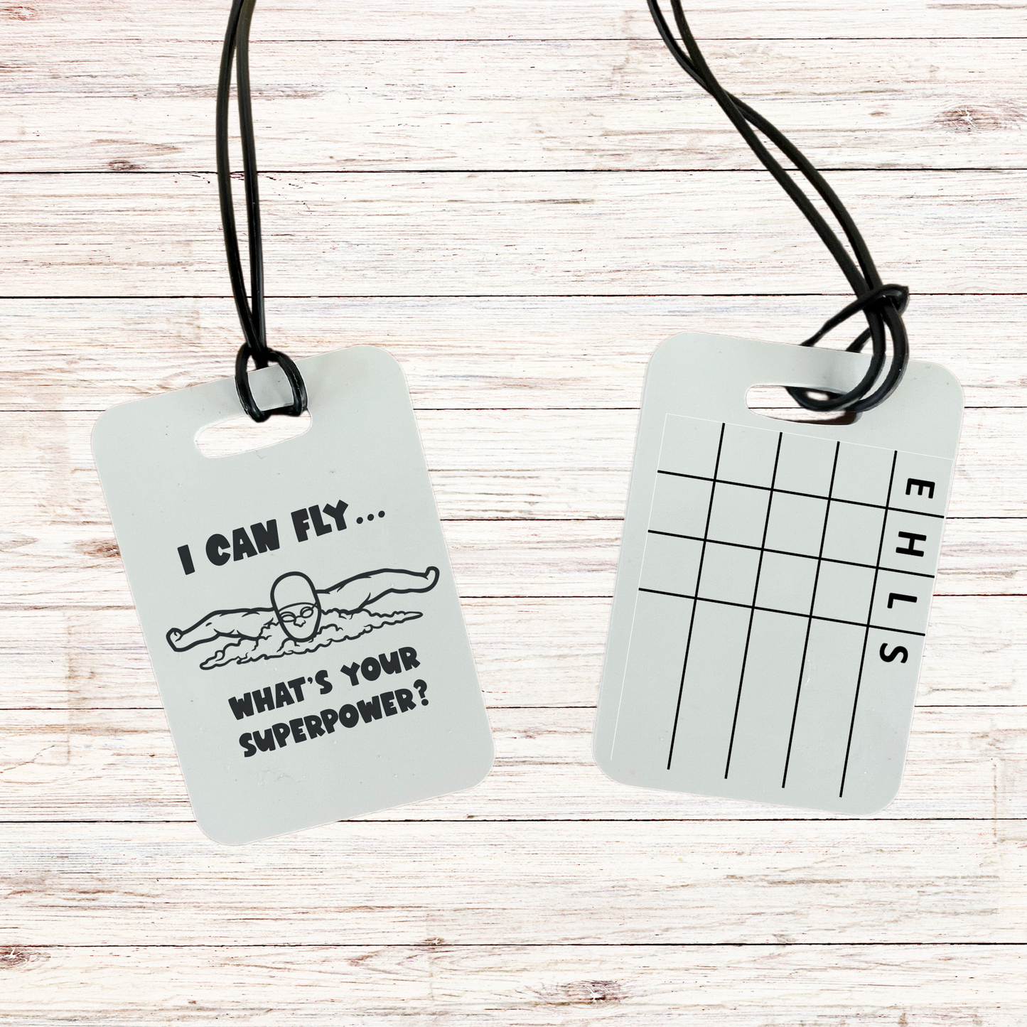 Reusable swim meet heat tag: I can fly... what is your superpower?
