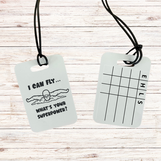 Reusable swim meet heat tag: I can fly... what is your superpower?