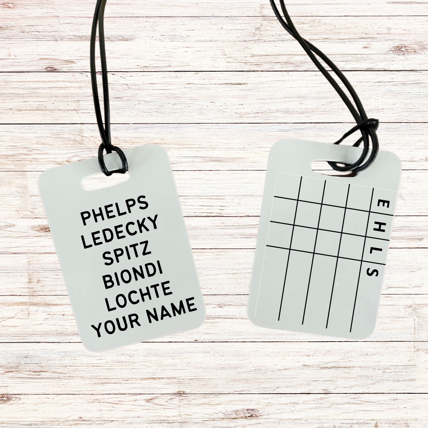 Reusable swim meet heat tag: Olympians