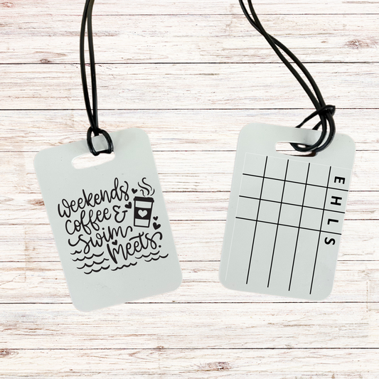 Reusable swim meet heat tag: Weekends. Coffee. & Swim Meets.