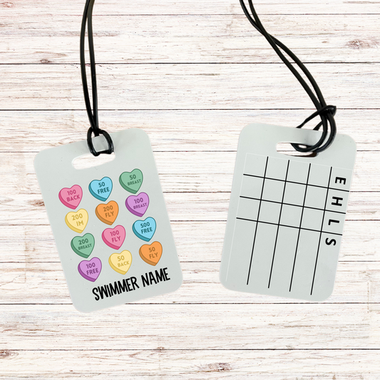 Reusable swim meet heat tag: Valentine Conversation Hearts