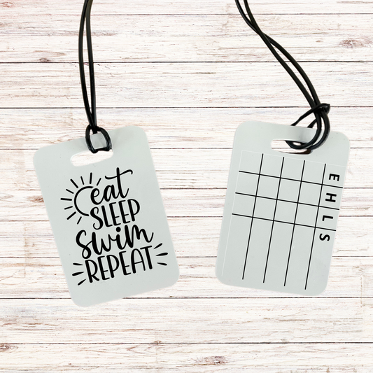 Reusable swim meet heat tag: Eat. Sleep. Swim. Repeat.