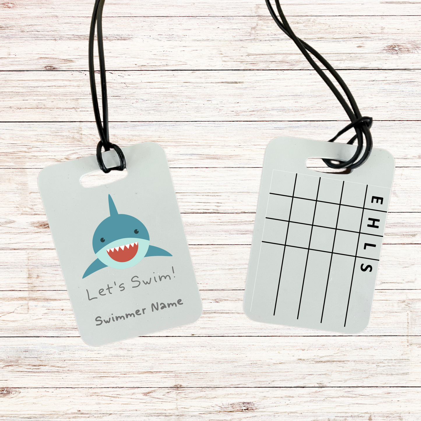 Reusable swim meet heat tag: Shark Let's Swim