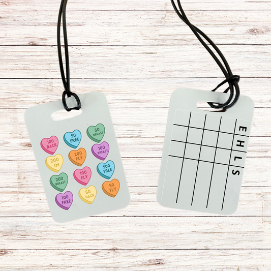 Reusable swim meet heat tag: Valentine Conversation Hearts