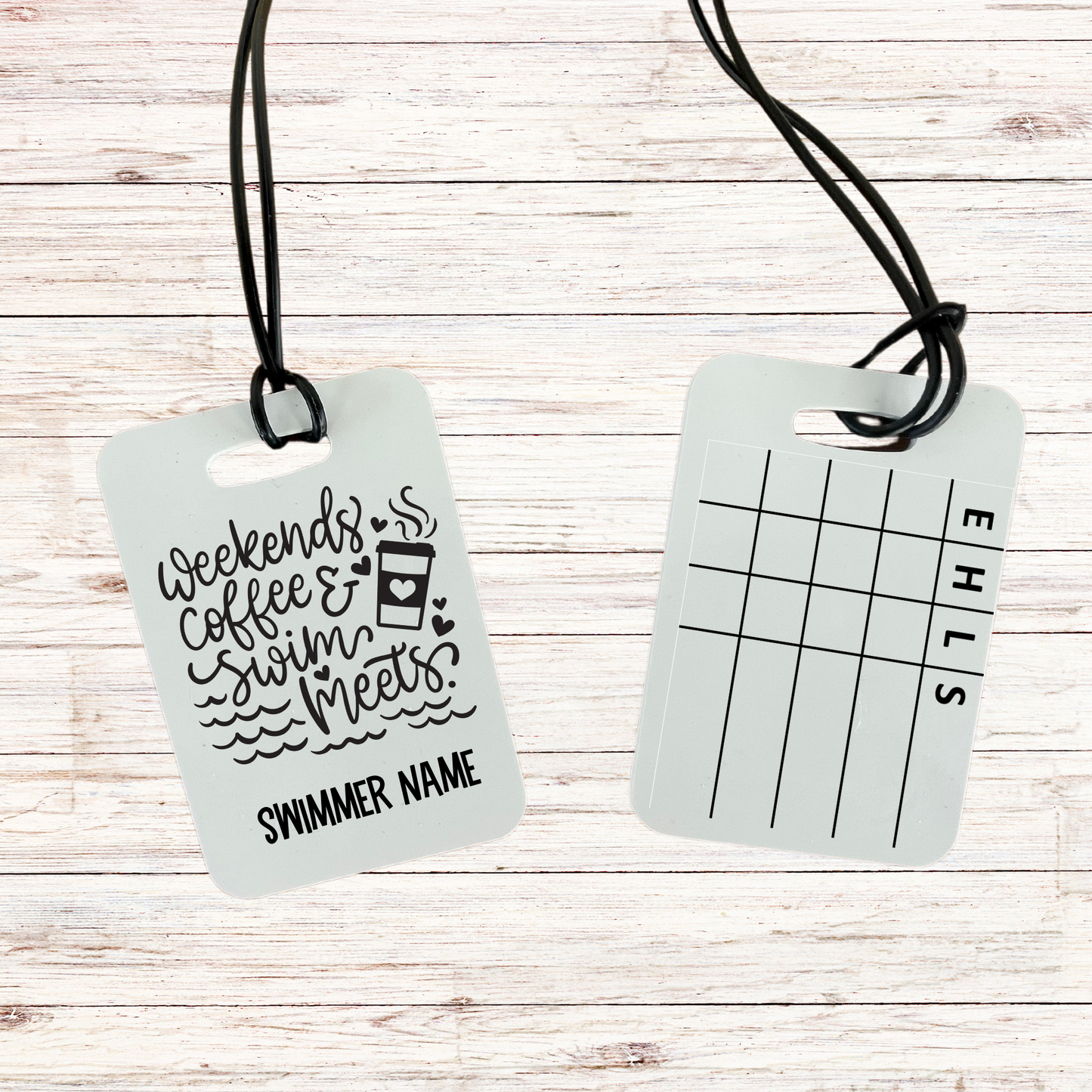 Reusable swim meet heat tag: Weekends. Coffee. & Swim Meets.