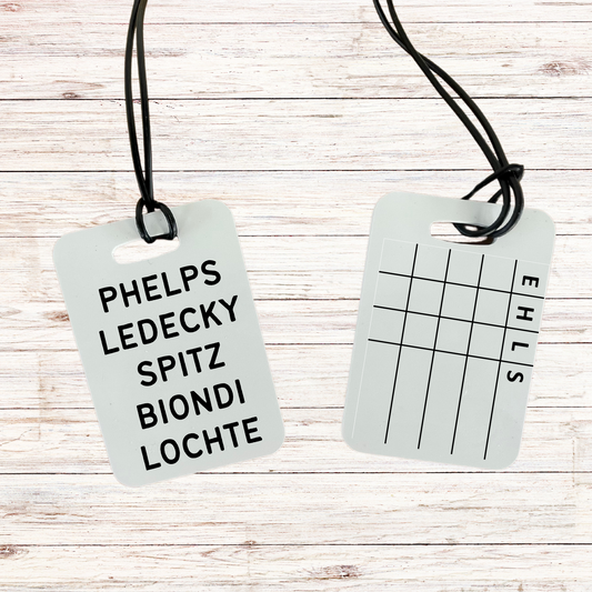 Reusable swim meet heat tag: Olympians