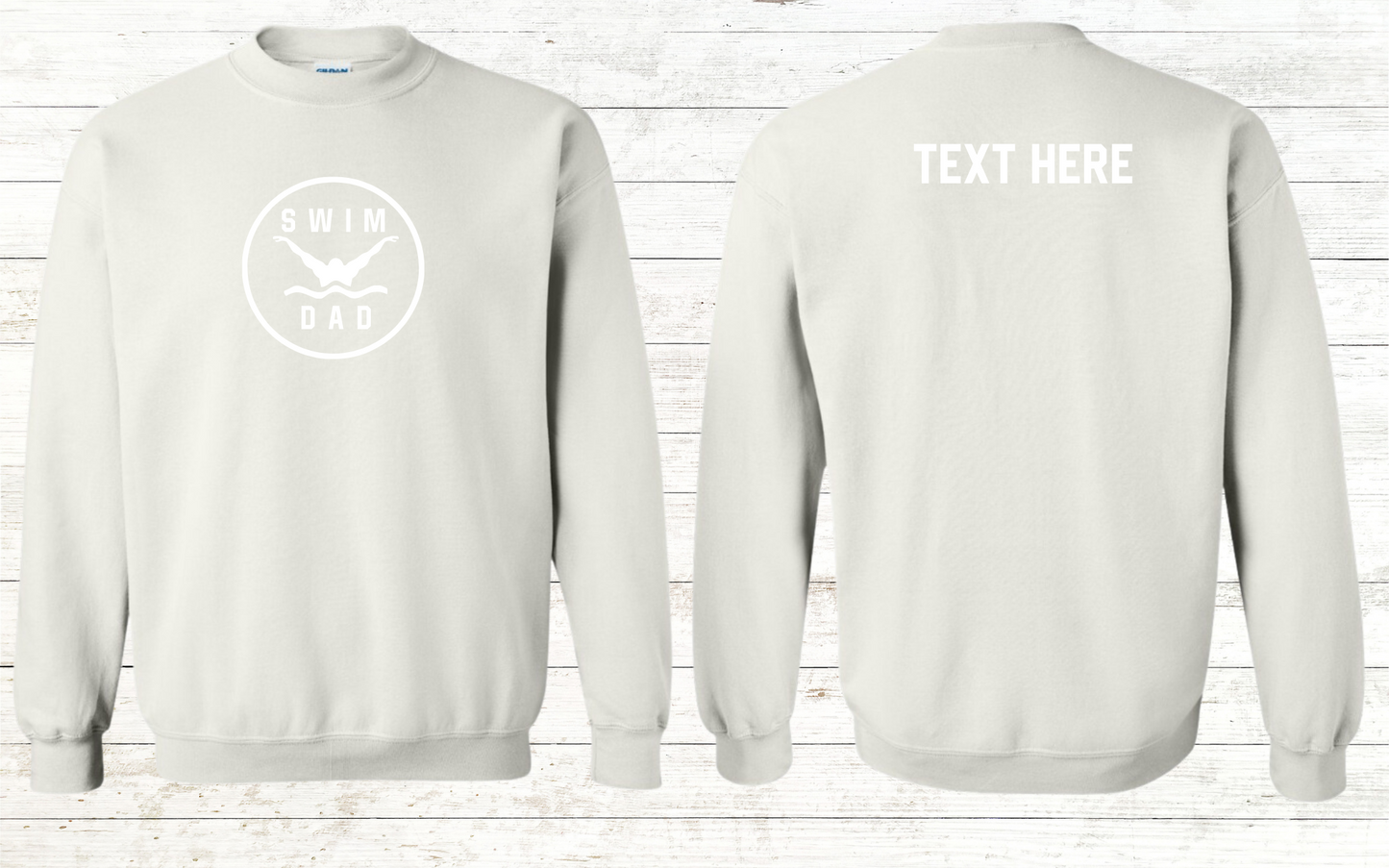 Swim Dad - Butterfly Stroke - White Text - Adult Sweatshirt - Personalized on back