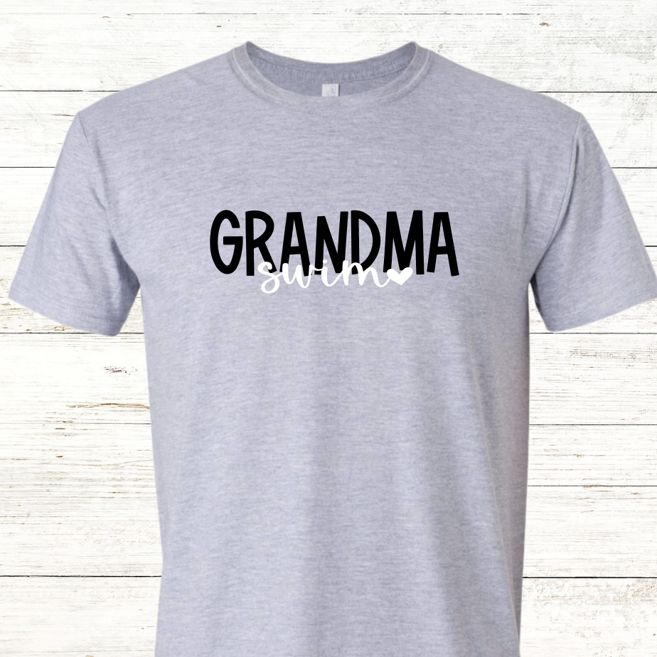 Swim Grandma - Heart Design- Black/White Text - Adult Crewneck Tee