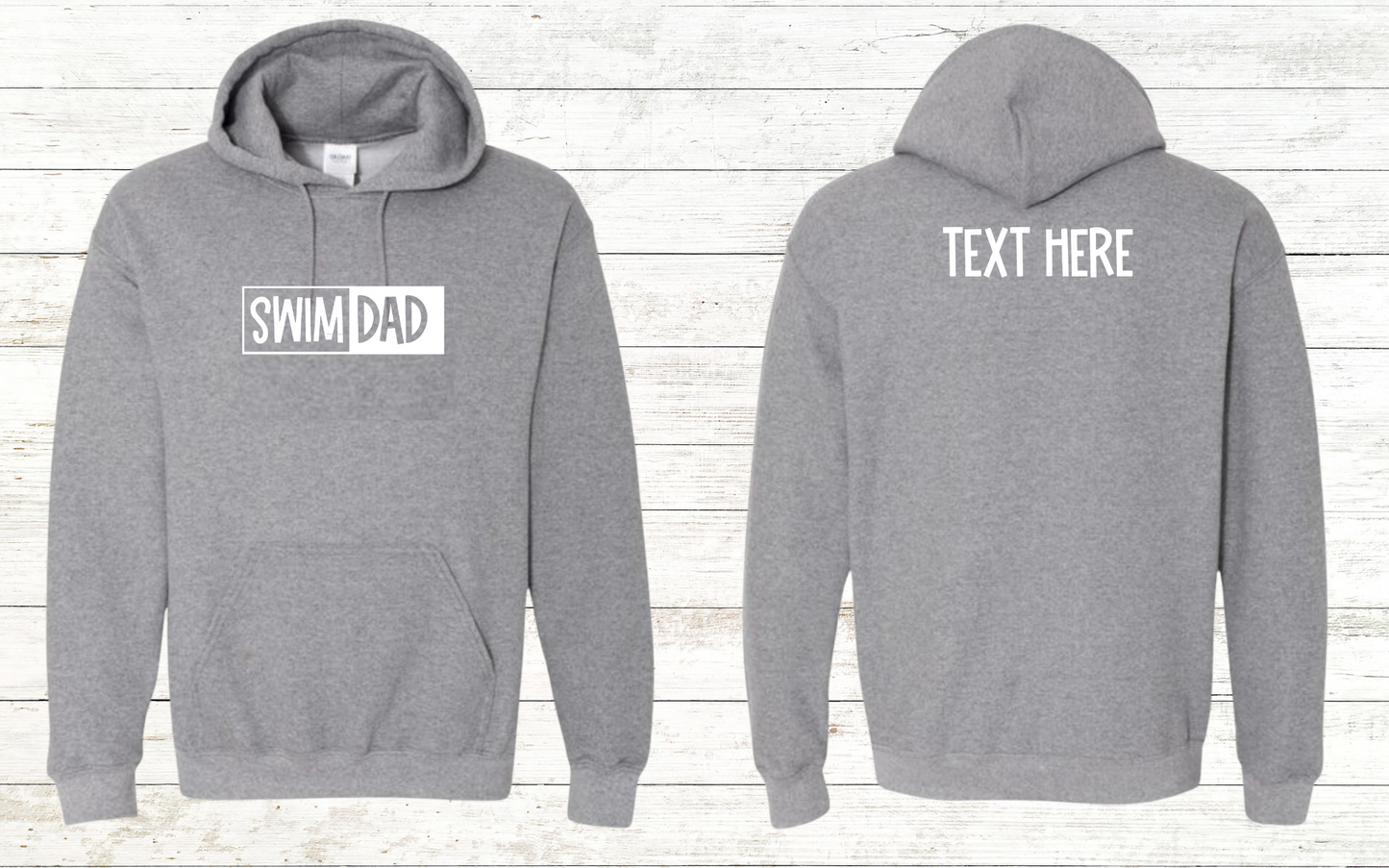 Swim Dad - White Text - Adult Hooded Sweatshirt - Personalized on back