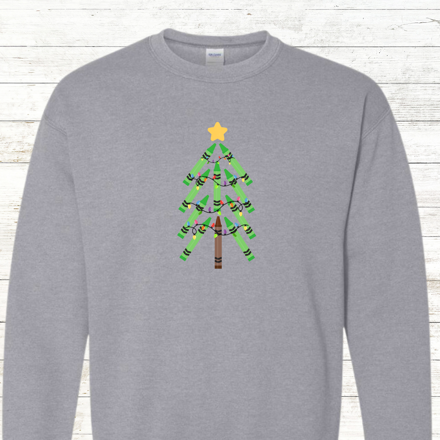 Green Crayon Christmas Tree - Teacher / Adult Sweatshirt - Back Personalization Option
