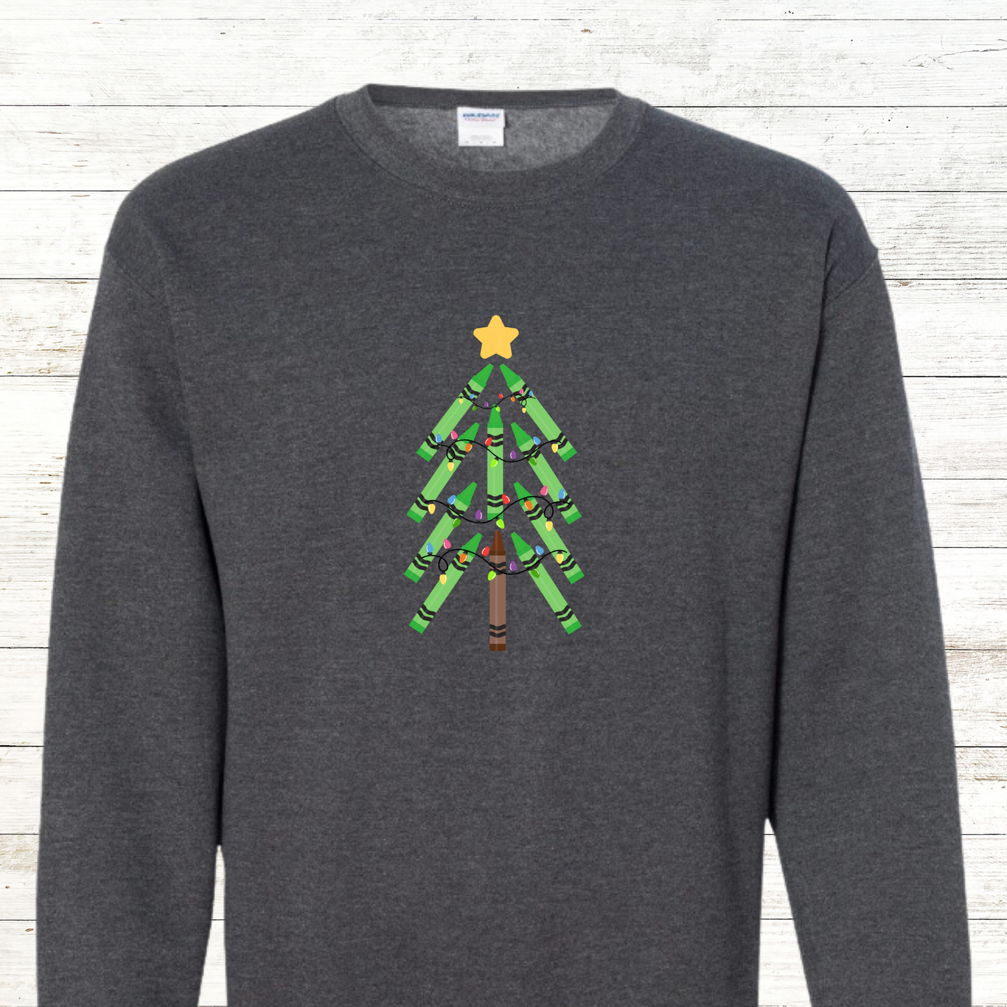Green Crayon Christmas Tree - Teacher / Adult Sweatshirt - Back Personalization Option