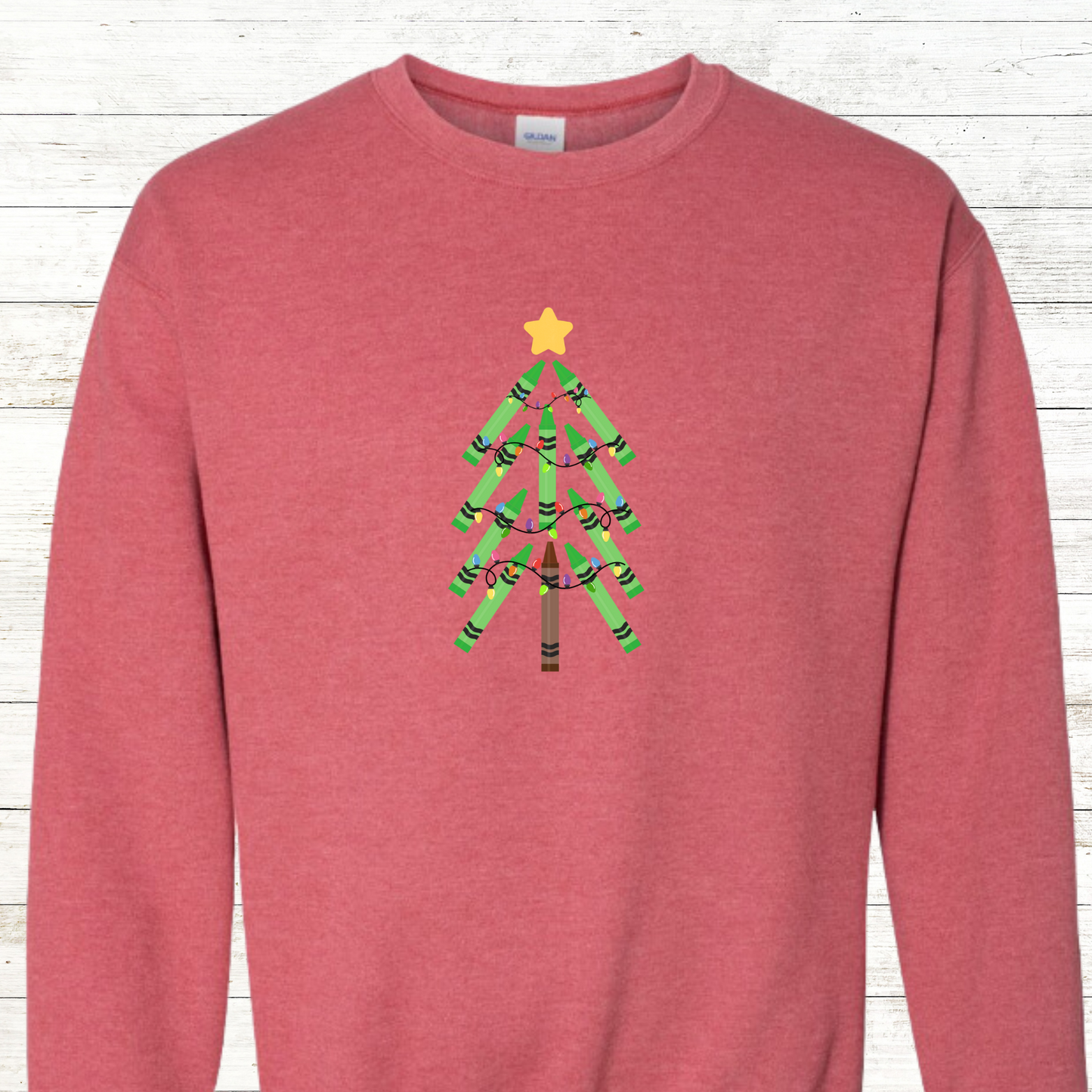 Green Crayon Christmas Tree - Teacher / Adult Sweatshirt - Back Personalization Option