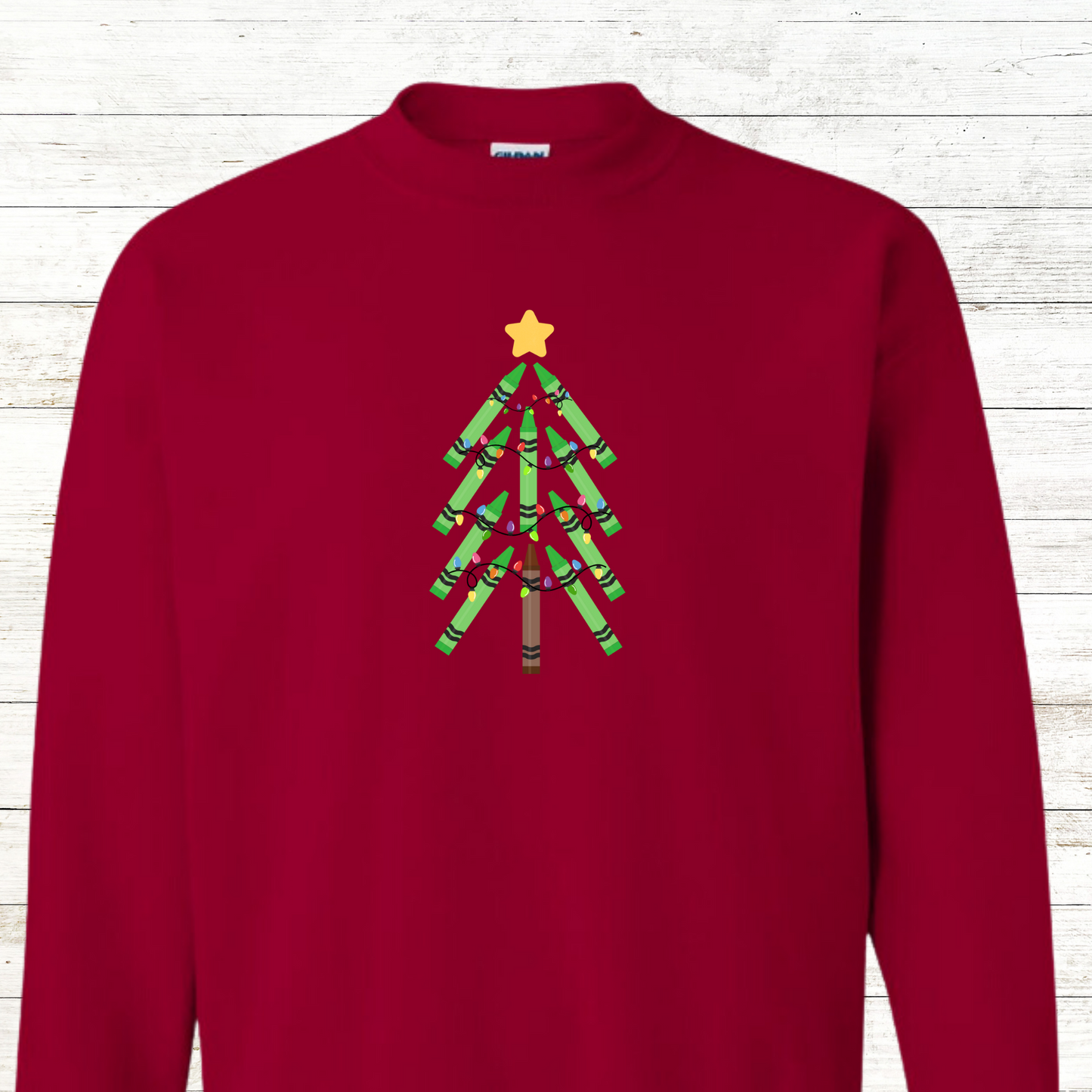 Green Crayon Christmas Tree - Teacher / Adult Sweatshirt - Back Personalization Option
