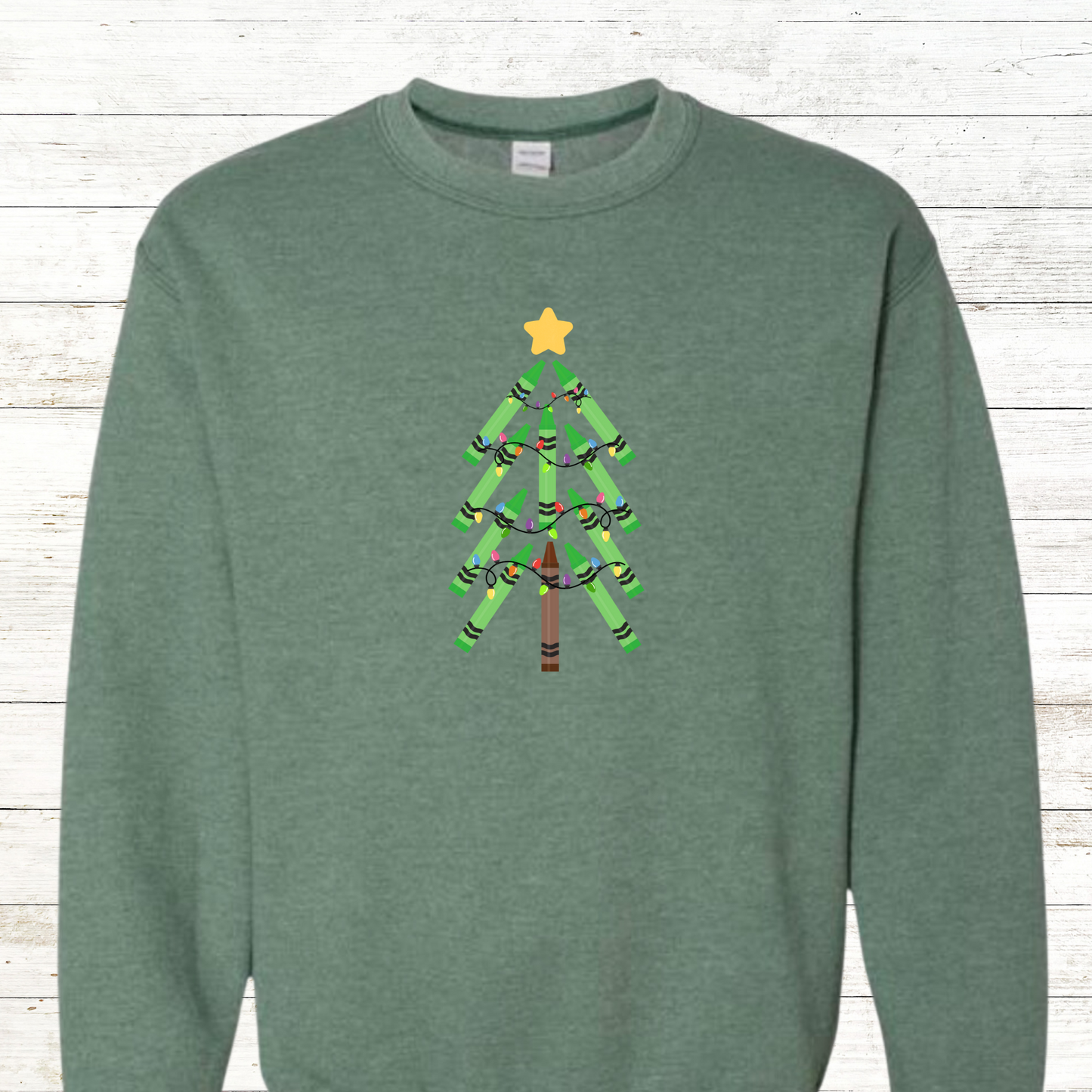 Green Crayon Christmas Tree - Teacher / Adult Sweatshirt - Back Personalization Option