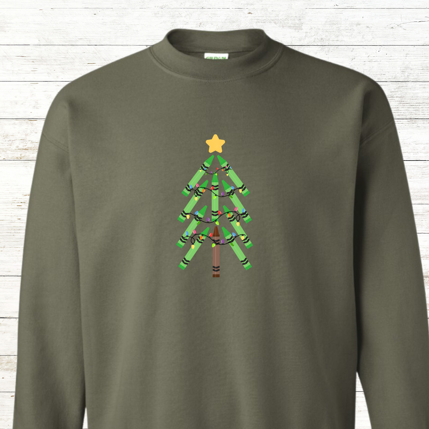 Green Crayon Christmas Tree - Teacher / Adult Sweatshirt - Back Personalization Option