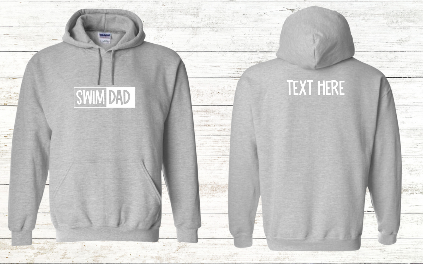 Swim Dad - White Text - Adult Hooded Sweatshirt - Personalized on back