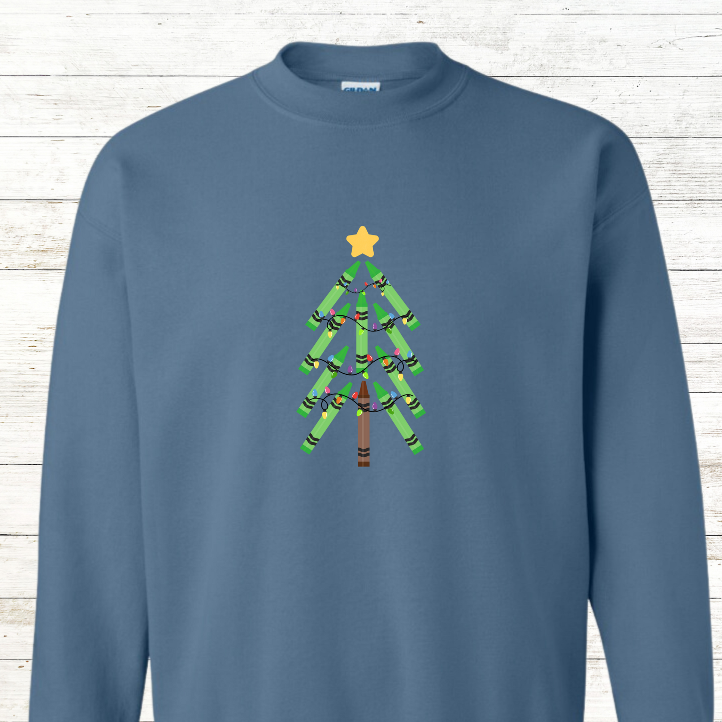 Green Crayon Christmas Tree - Teacher / Adult Sweatshirt - Back Personalization Option