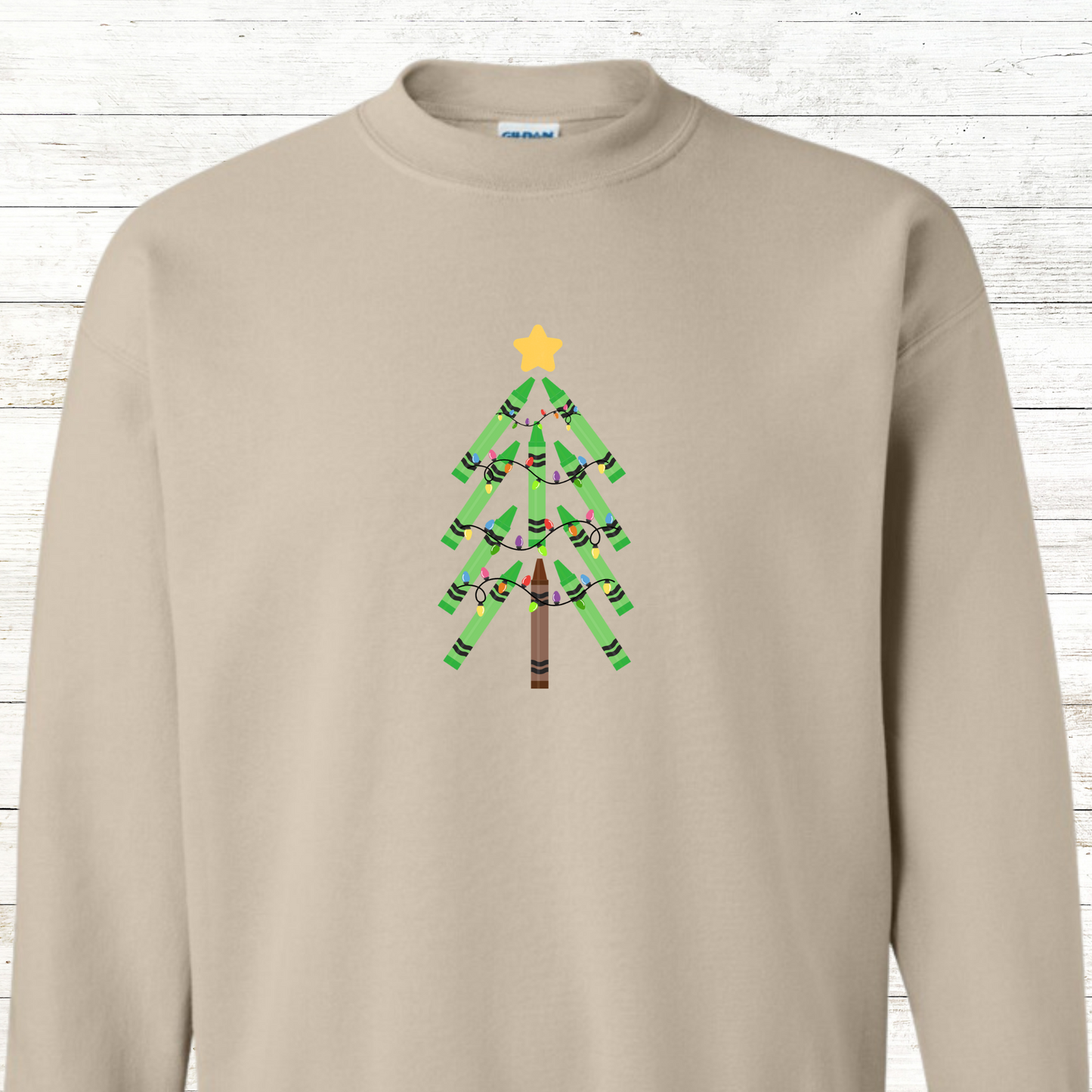 Green Crayon Christmas Tree - Teacher / Adult Sweatshirt - Back Personalization Option