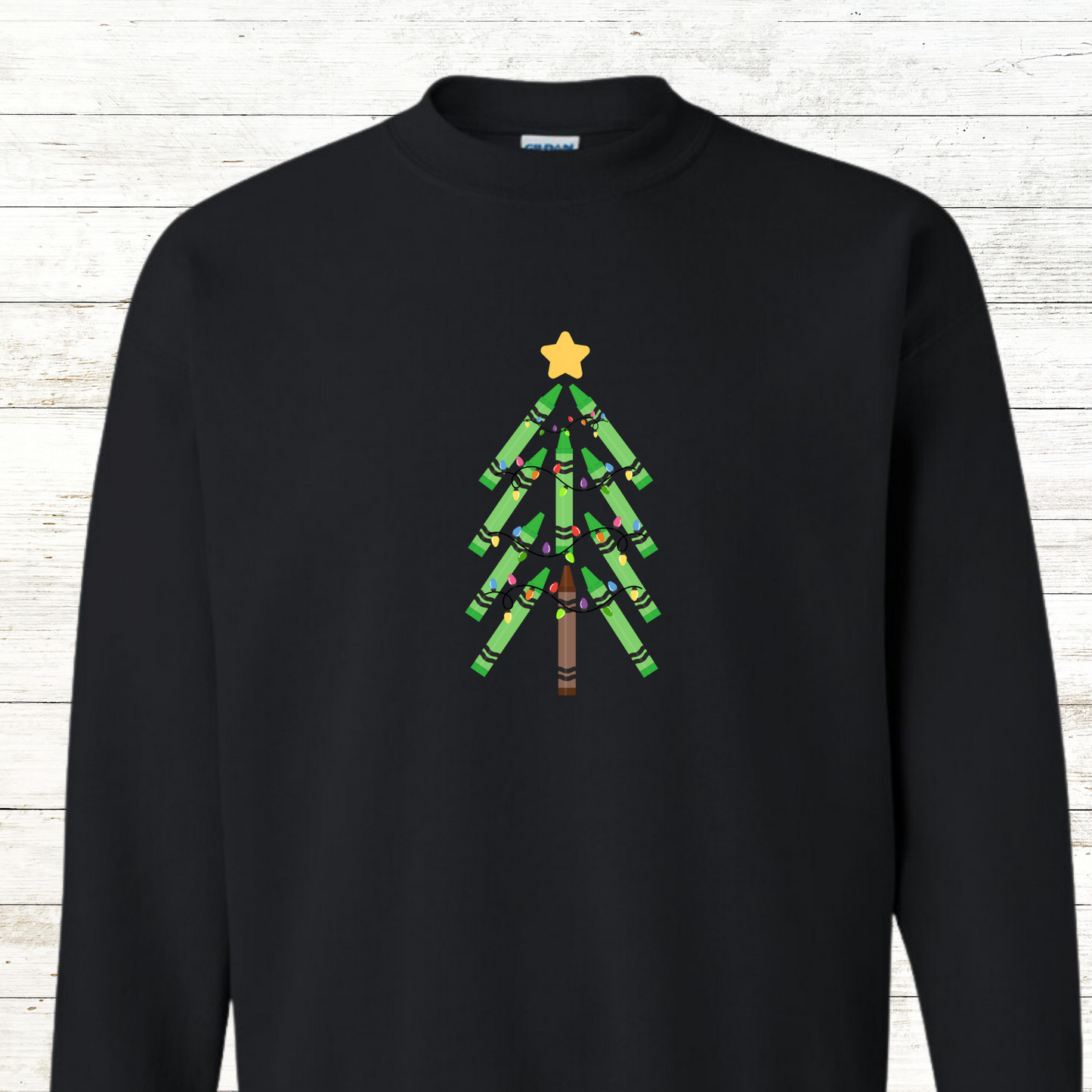 Green Crayon Christmas Tree - Teacher / Adult Sweatshirt - Back Personalization Option