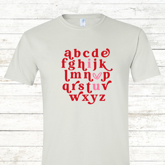 Valentine Alphabet I  Heart You -   Adult Crewneck Tee