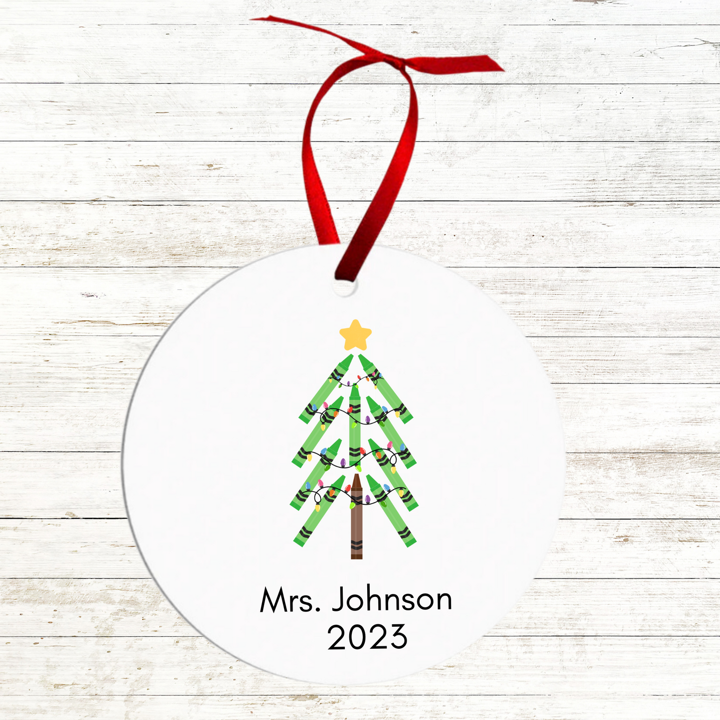 Green Crayon Christmas Tree 2023 Christmas Ornament- Name / Teacher Personalization Option
