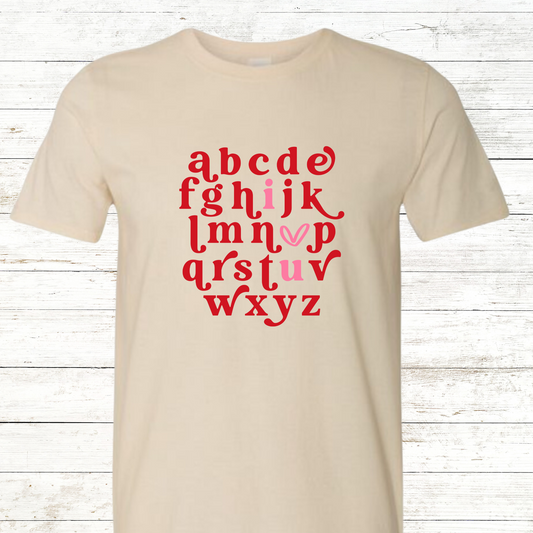 Valentine Alphabet I  Heart You -   Adult Crewneck Tee