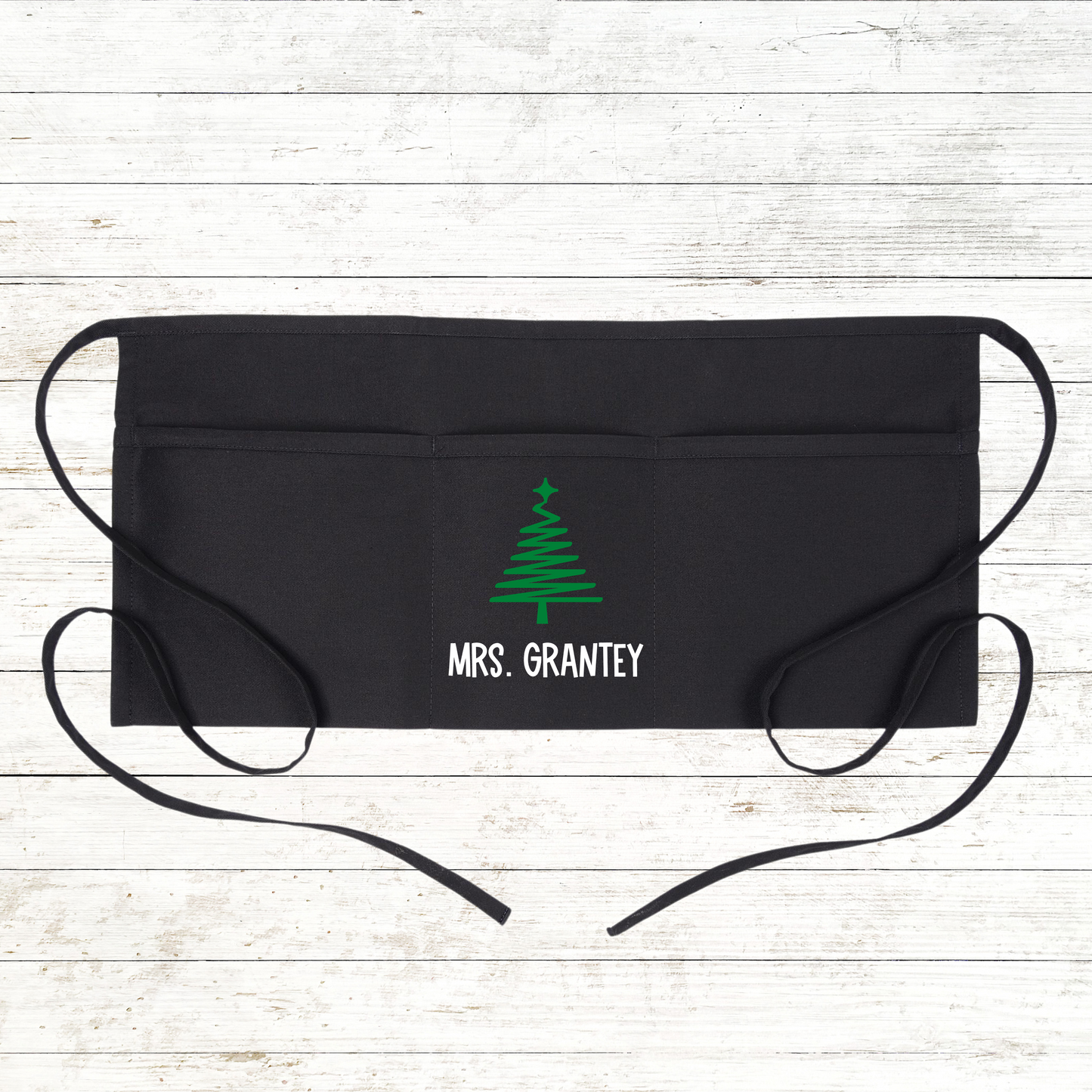 Personalized Teacher Half-Apron with pockets: Green Christmas Tree