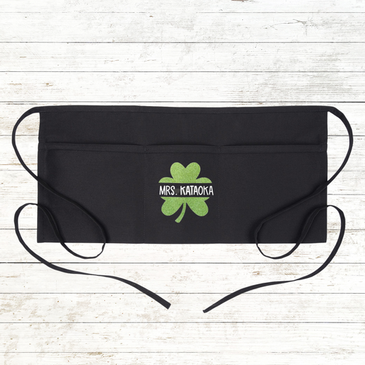 CLEARANCE: Teacher Apron with pockets: St. Patricks Day - Glitter Shamrock Clover