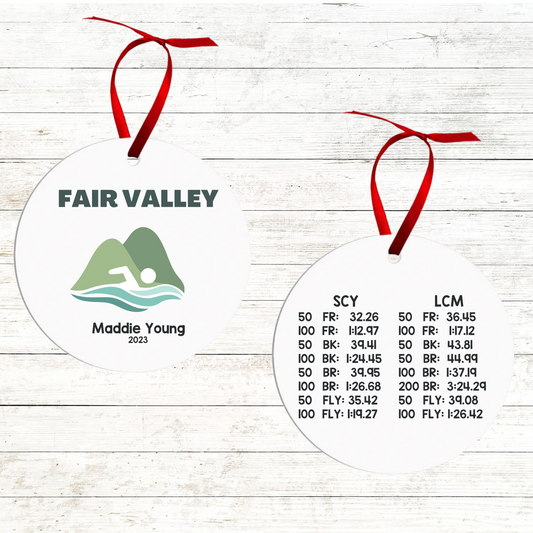 Personalized Swimmer Christmas Ornament - Includes Best Swim Times 2023 - Fair Valley Fins