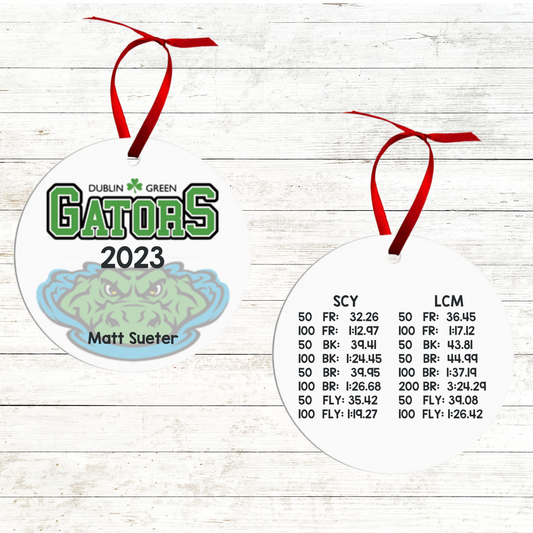 Personalized Swimmer Christmas Ornament - Includes Best Swim Times 2023 - Green Dublin Gators