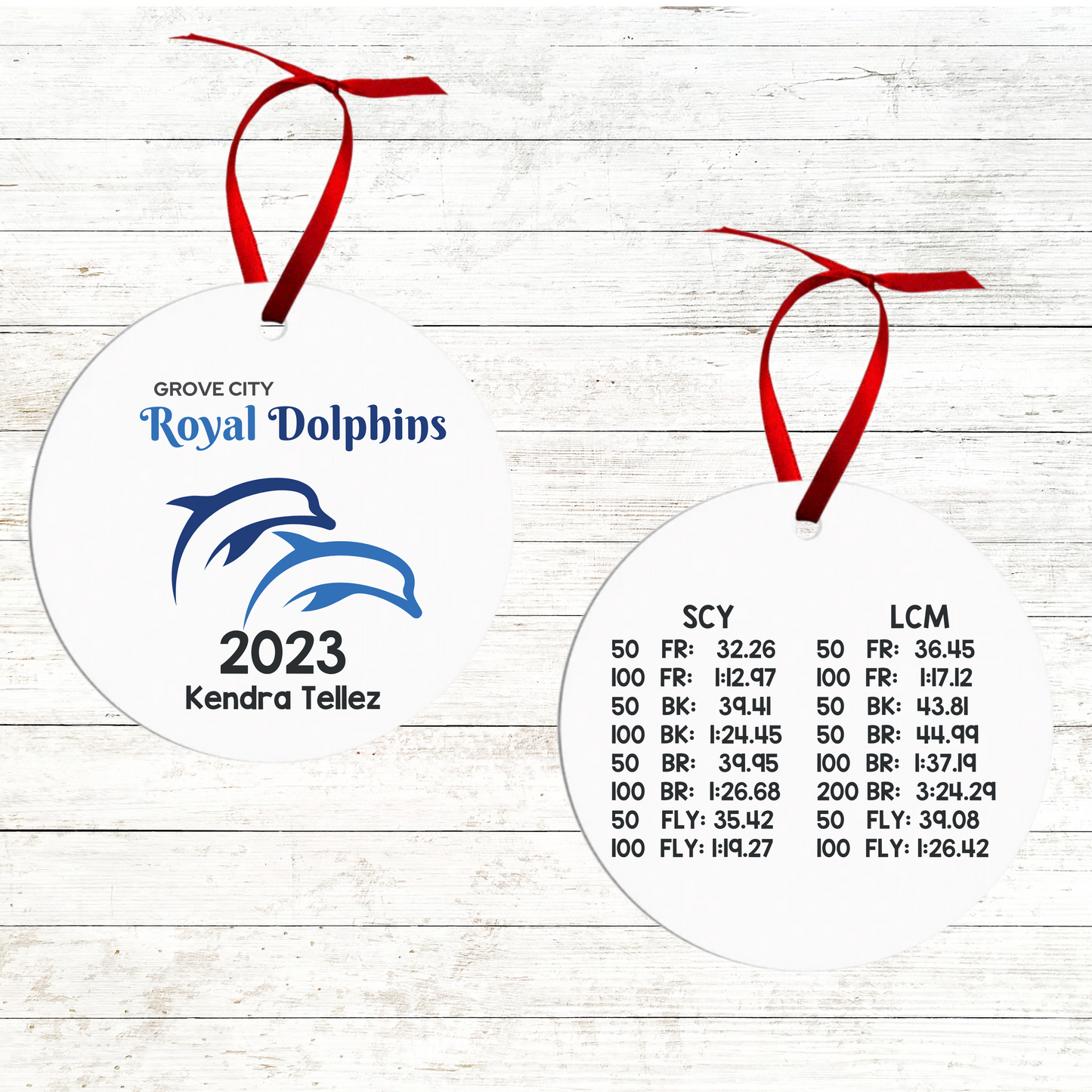 Personalized Swimmer Christmas Ornament - Includes Best Swim Times 2023 - Grove City Royal Dolphins