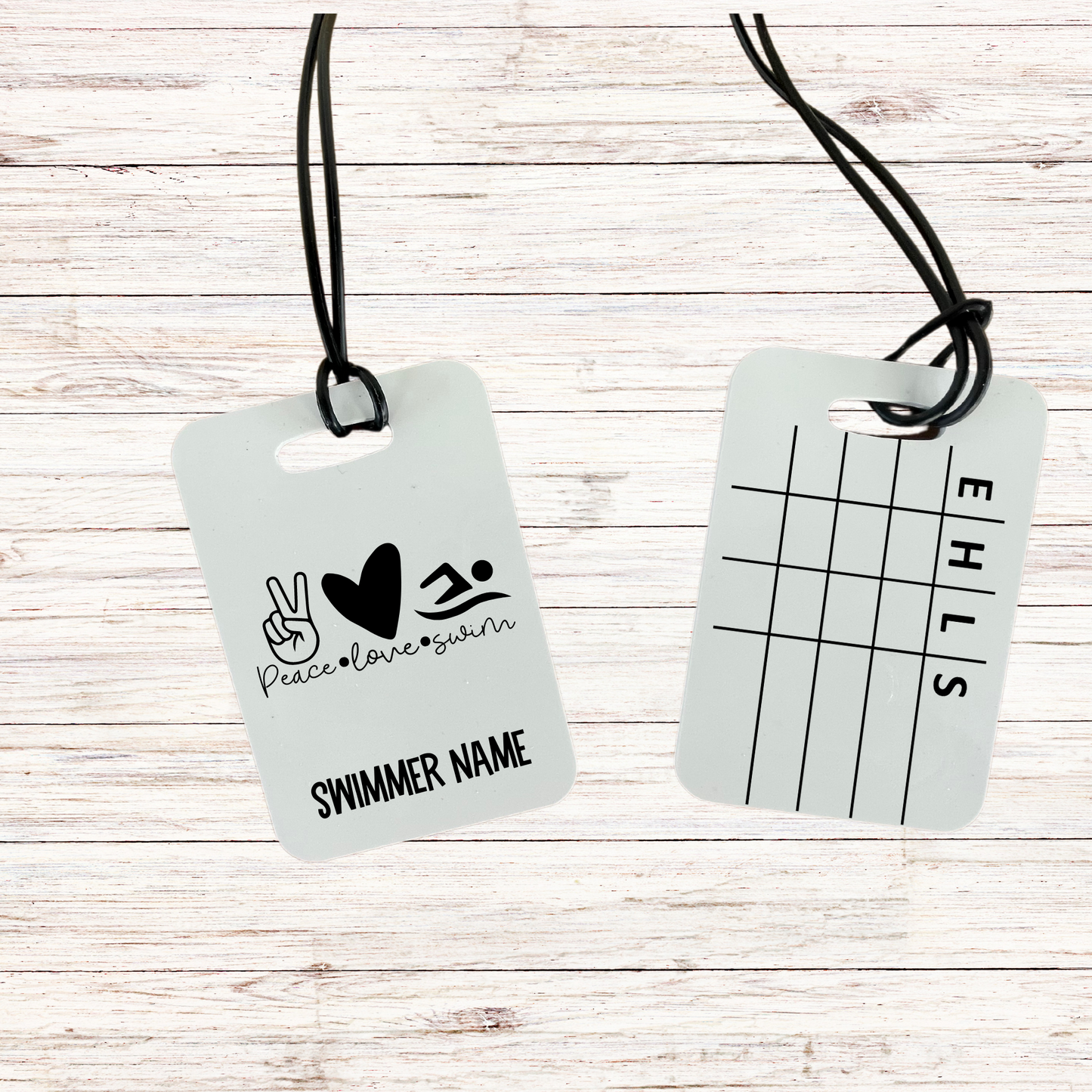 Reusable swim meet heat tag: Peace * Love * Swim