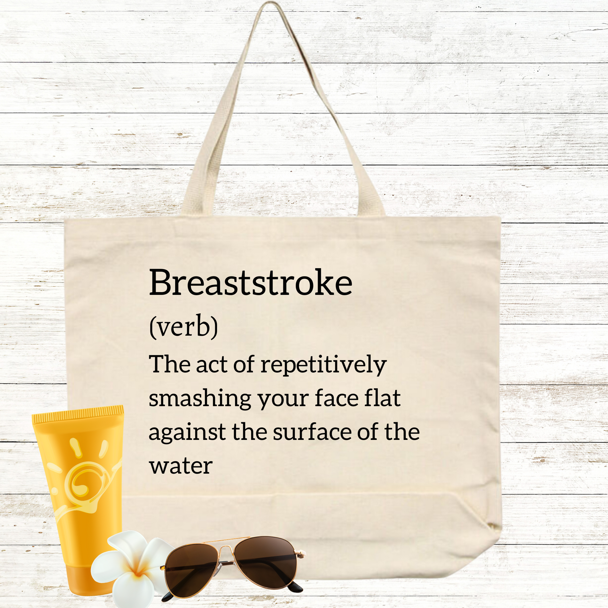 Spacious and sturdy swim tote bag with a witty breaststroke-themed design, perfect for carrying towels, goggles, swim caps, and other essentials to practice, swim meets, or the beach while adding a touch of humor to your routine.