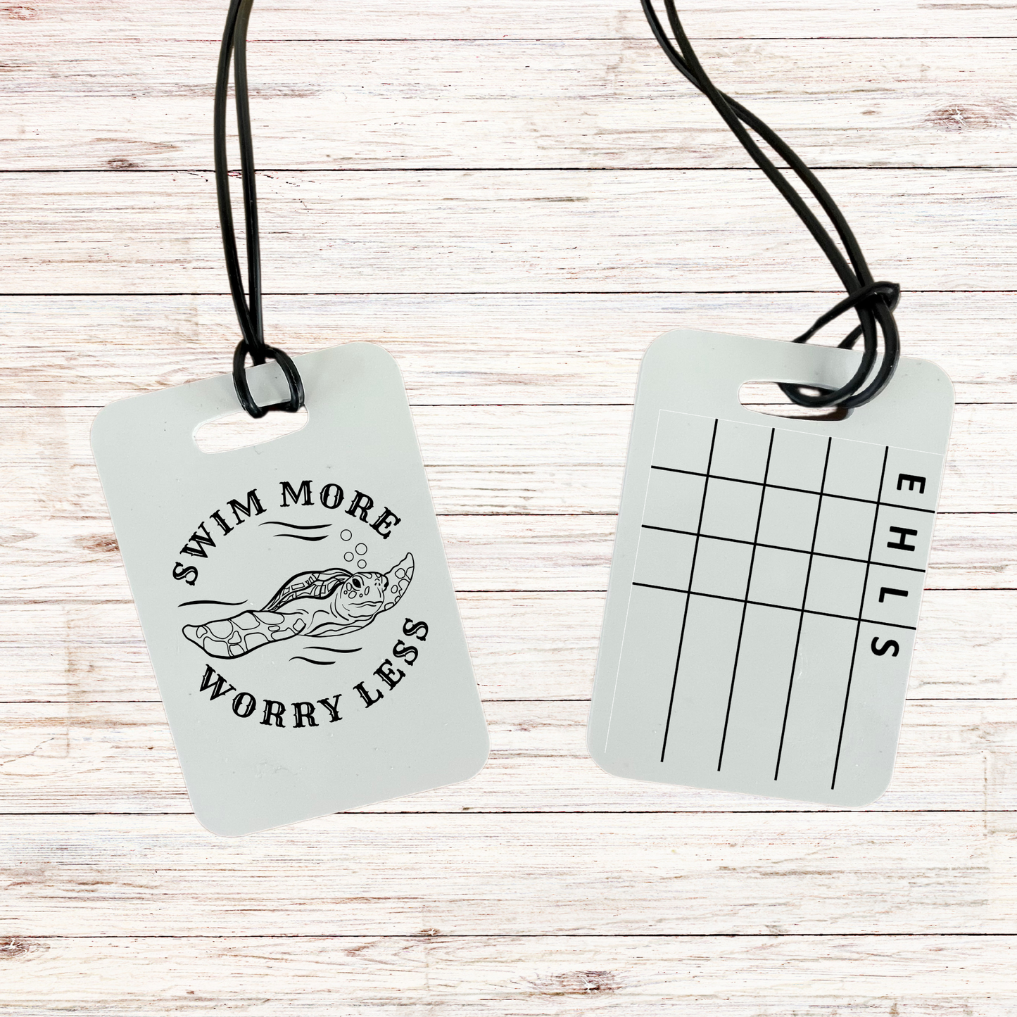 Reusable swim meet heat tag: Swim More Worry Less