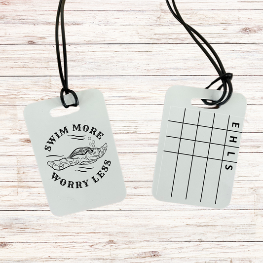 Reusable swim meet heat tag: Swim More Worry Less