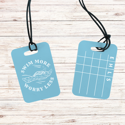 Reusable swim meet heat tag: Swim More Worry Less