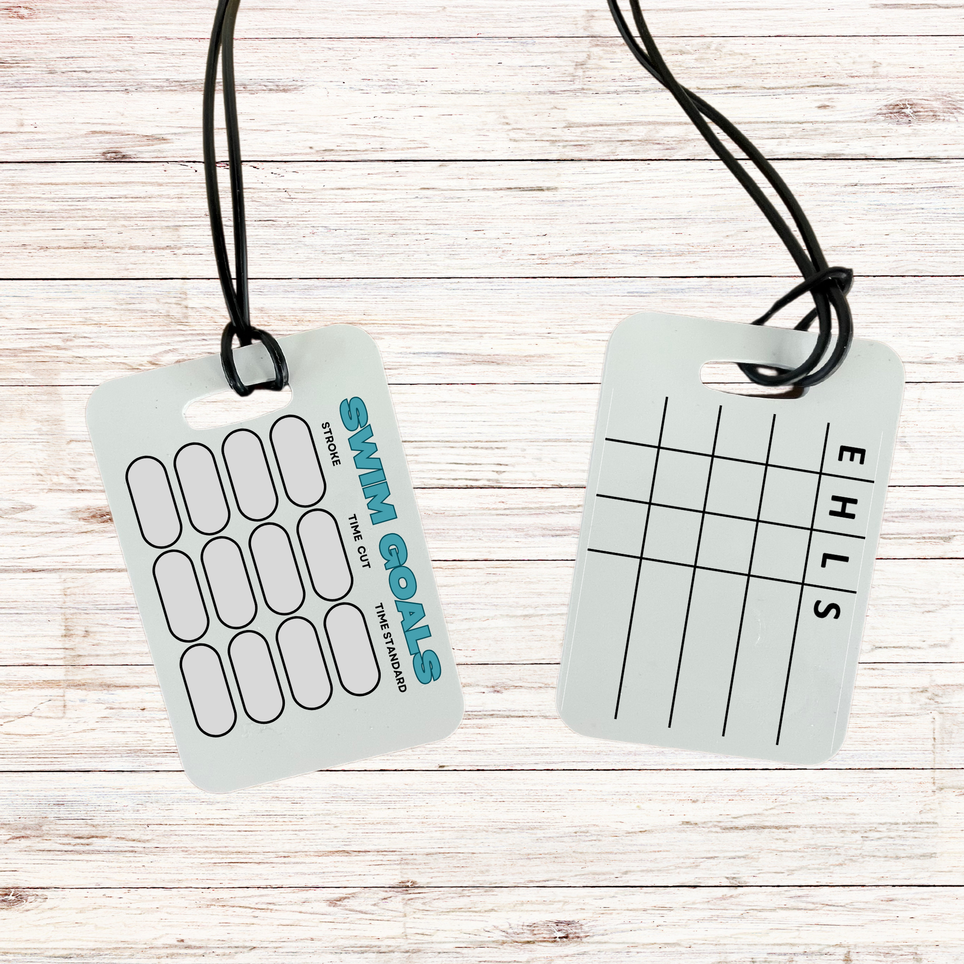 Heat tag for tracking swimming goals with the design “Stroke with Time” to record stroke count and time for personal goal setting. Ideal for swimmers and coaches to track progress and improve performance.