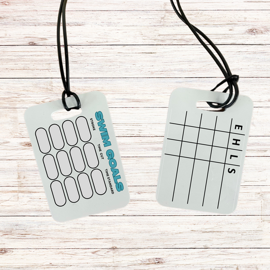Heat tag for tracking swimming goals with the design “Stroke with Time” to record stroke count and time for personal goal setting. Ideal for swimmers and coaches to track progress and improve performance.