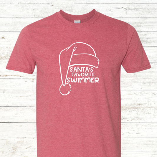 CLEARANCE: Santa's Favorite Swimmer Adult Tee - Size Medium Heather Red