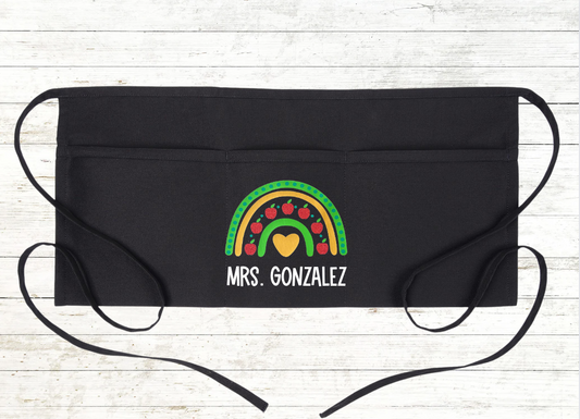 Personalized Teacher Apron with pockets: Apple Glitter Rainbow