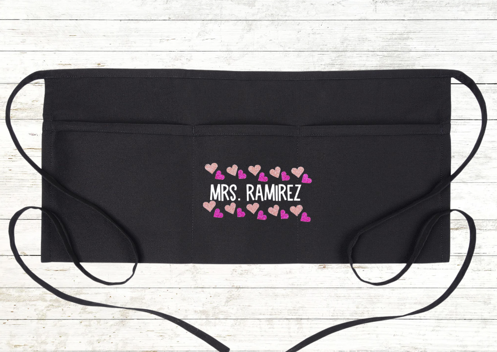 CLEARANCE: Personalized Teacher Apron with pockets: Valentine's Day Glitter Hearts